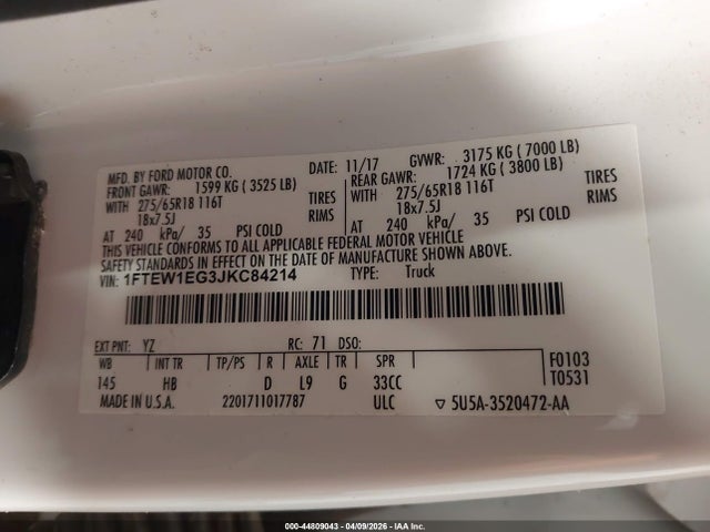 44809043 :رقم المزاد ، 1FTEW1EG3JKC84214 vin ، 2018 Ford F-150 Lariat مزاد بيع