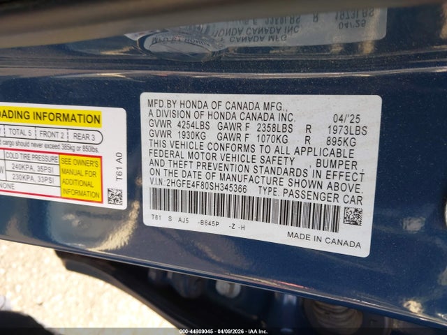2HGFE4F80SH345366 Honda Civic Hybrid Sport/sport Touring