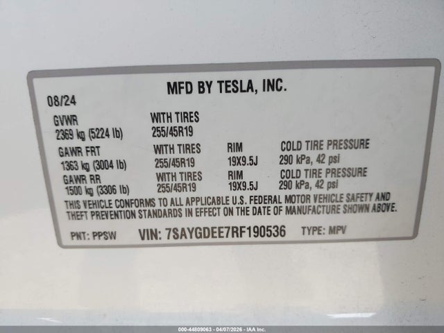 Продаж на аукціоні авто 2024 Tesla Model Y Long Range Dual Motor All-wheel Drive, vin: 7SAYGDEE7RF190536, номер лоту: 44809063