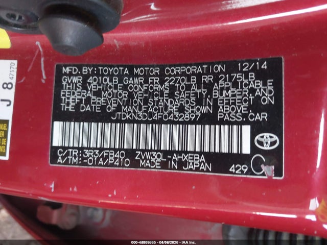 JTDKN3DU4F0432897 Toyota Prius Three