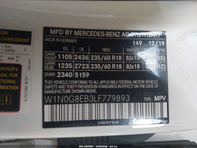 Aukcja sprzedaży 2020 Mercedes-benz Glc 300 4matic, vin: W1N0G8EB3LF779893, numer aukcji: 44809067