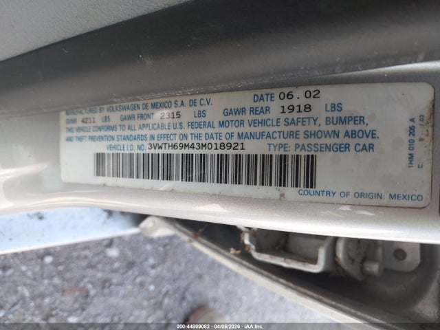 Aukcja sprzedaży 2003 Volkswagen Jetta Glx, vin: 3VWTH69M43M018921, numer aukcji: 44809082