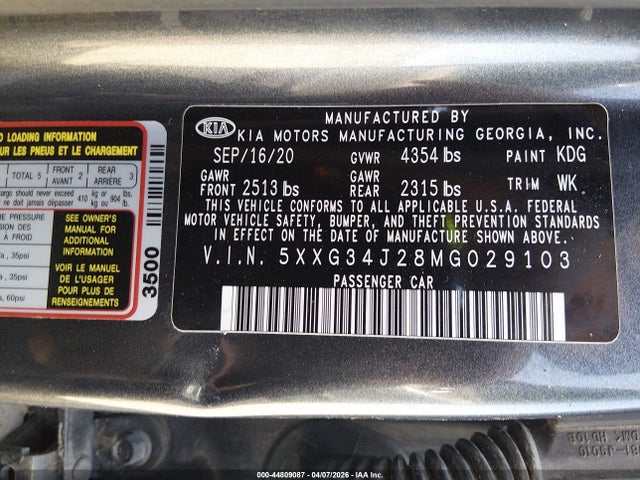 Aukcja sprzedaży 2021 Kia K5 Ex, vin: 5XXG34J28MG029103, numer aukcji: 44809087