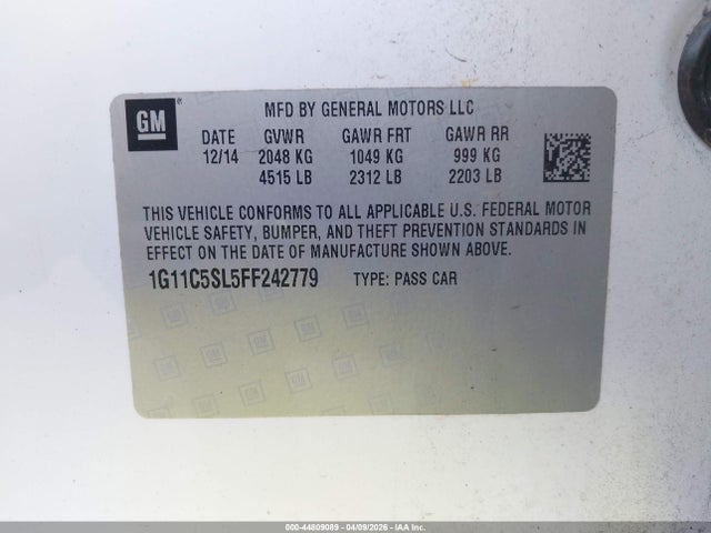 44809089 :رقم المزاد ، 1G11C5SL5FF242779 vin ، 2015 Chevrolet Malibu 1lt مزاد بيع