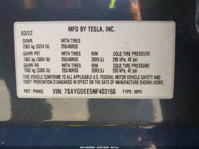 Продажа на аукционе авто 2022 Tesla Model Y Long Range Dual Motor All-wheel Drive, vin: 7SAYGDEE5NF403168, номер лота: 44809090