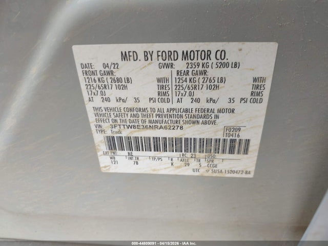 Aukcja sprzedaży 2022 Ford Maverick Xlt, vin: 3FTTW8E36NRA62278, numer aukcji: 44809091