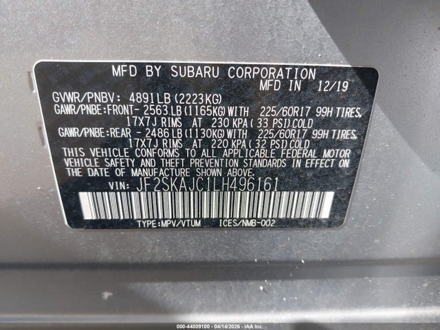 Продажа на аукционе авто 2020 Subaru Forester Premium, vin: JF2SKAJC1LH496161, номер лота: 44809100