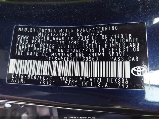 Aukcja sprzedaży 2023 Toyota Corolla Se, vin: 5YFS4MCE2PP160960, numer aukcji: 44809103