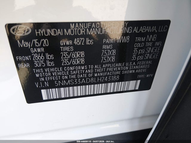 5NMS33AD8LH243188 Hyundai Santa Fe Sel