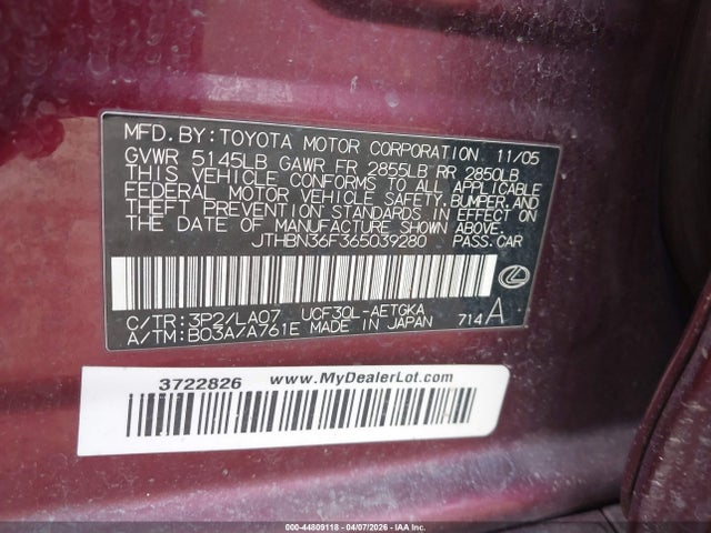 Aukcja sprzedaży 2006 Lexus Ls 430, vin: JTHBN36F365039280, numer aukcji: 44809118