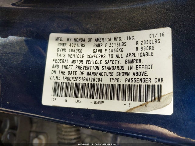 1HGCR2F51GA126004 Honda Accord Sport