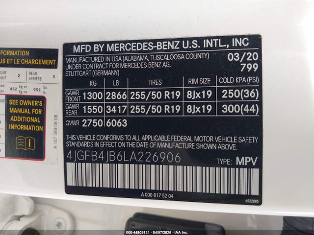 Aukcja sprzedaży 2020 Mercedes-benz Gle 350, vin: 4JGFB4JB6LA226906, numer aukcji: 44809131