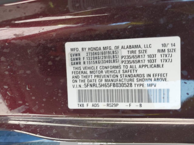 Honda Odyssey Ex-l 2015 5FNRL5H65FB030528 Image 9