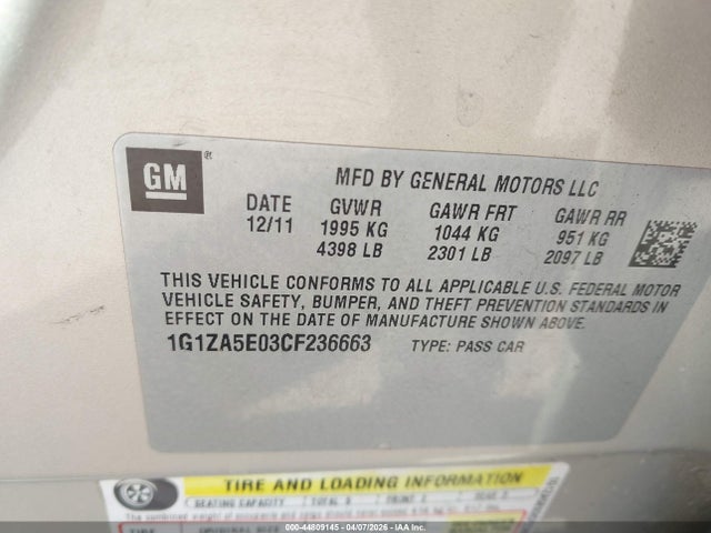Aukcja sprzedaży 2012 Chevrolet Malibu Ls, vin: 1G1ZA5E03CF236663, numer aukcji: 44809145