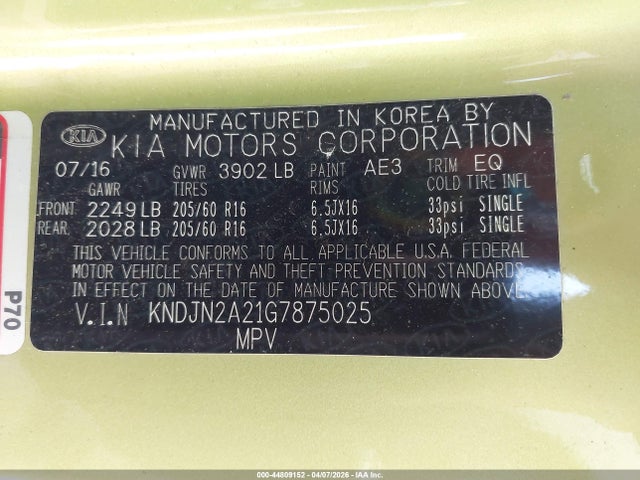 Продажа на аукционе авто 2016 Kia Soul, vin: KNDJN2A21G7875025, номер лота: 44809152