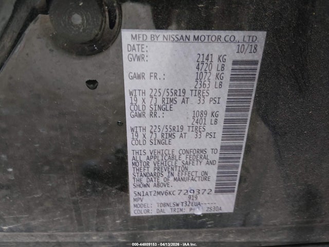 Aukcja sprzedaży 2019 Nissan Rogue Sl, vin: 5N1AT2MV6KC729372, numer aukcji: 44809153