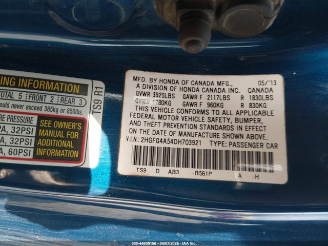 44809156 :رقم المزاد ، 2HGFG4A54DH703921 vin ، 2013 Honda Civic Si مزاد بيع