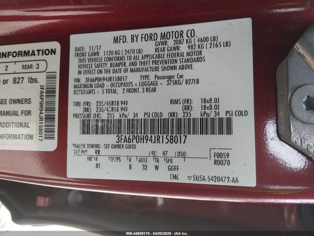 Aukcja sprzedaży 2018 Ford Fusion Se, vin: 3FA6P0H94JR158017, numer aukcji: 44809170