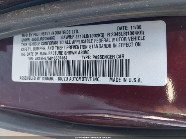 2001 Subaru Outback მანქანა იყიდება აუქციონზე, vin: 4S3BH675816637464, აუქციონის ნომერი: 44809169
