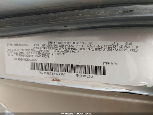 Продаж на аукціоні авто 2007 Subaru Outback 3.0r L.l. Bean Edition, vin: 4S4BP86C574336679, номер лоту: 44809172