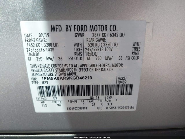 Продажа на аукционе авто 2019 Ford Explorer Police Interceptor, vin: 1FM5K8AR9KGB46219, номер лота: 44809180