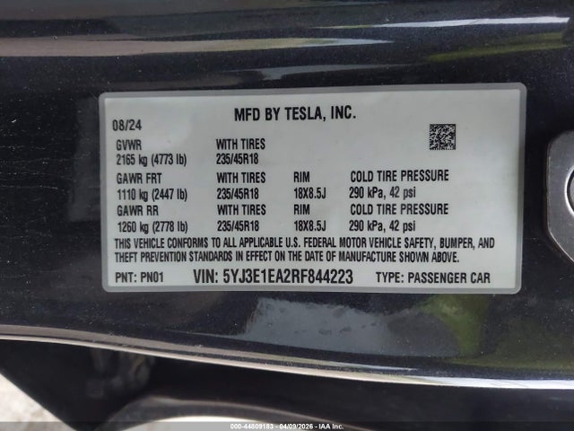 2024 Tesla Model 3 Long Range Dual Motor All-wheel Drive/rear-wheel Drive მანქანა იყიდება აუქციონზე, vin: 5YJ3E1EA2RF844223, აუქციონის ნომერი: 44809183