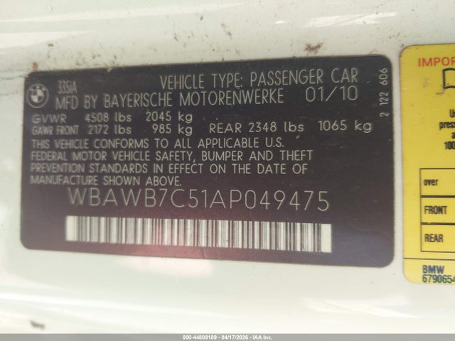 Aukcja sprzedaży 2010 Bmw 335i, vin: WBAWB7C51AP049475, numer aukcji: 44809189