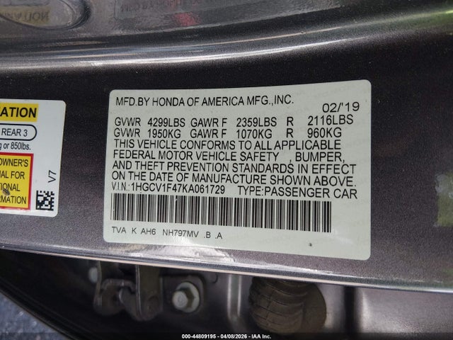 Aukcja sprzedaży 2019 Honda Accord Ex, vin: 1HGCV1F47KA061729, numer aukcji: 44809195