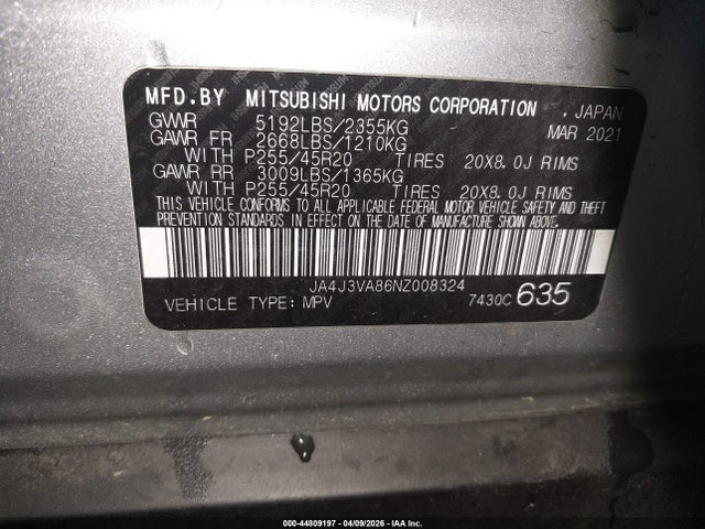 Продаж на аукціоні авто 2022 Mitsubishi Outlander Sel 2.5 2wd/sel Special Edition 2wd, vin: JA4J3VA86NZ008324, номер лоту: 44809197