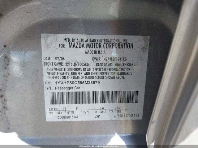 2008 Mazda Mazda6 I Sport Ve მანქანა იყიდება აუქციონზე, vin: 1YVHP80C585M28579, აუქციონის ნომერი: 44809198