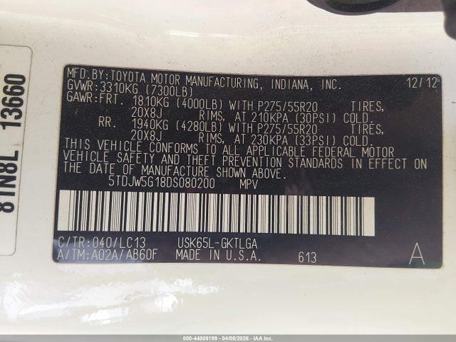 2013 Toyota Sequoia Limited 5.7l V8 მანქანა იყიდება აუქციონზე, vin: 5TDJW5G18DS080200, აუქციონის ნომერი: 44809199