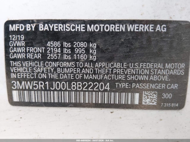2020 Bmw 330i მანქანა იყიდება აუქციონზე, vin: 3MW5R1J00L8B22204, აუქციონის ნომერი: 44809204