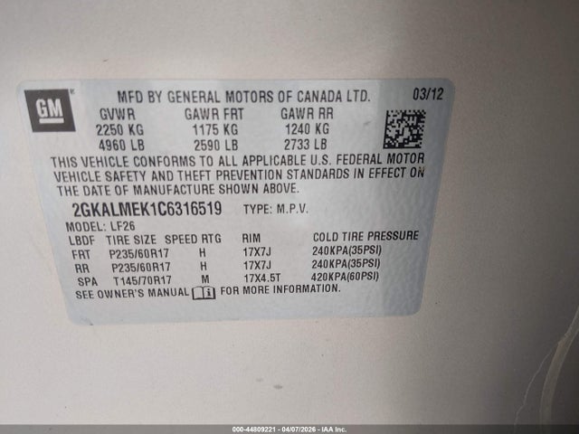 Aukcja sprzedaży 2012 Gmc Terrain Sle-1, vin: 2GKALMEK1C6316519, numer aukcji: 44809221