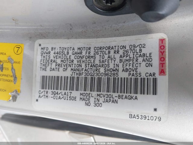 44809226 :رقم المزاد ، JTHBF30G230096285 vin ، 2003 Lexus Es 300 مزاد بيع