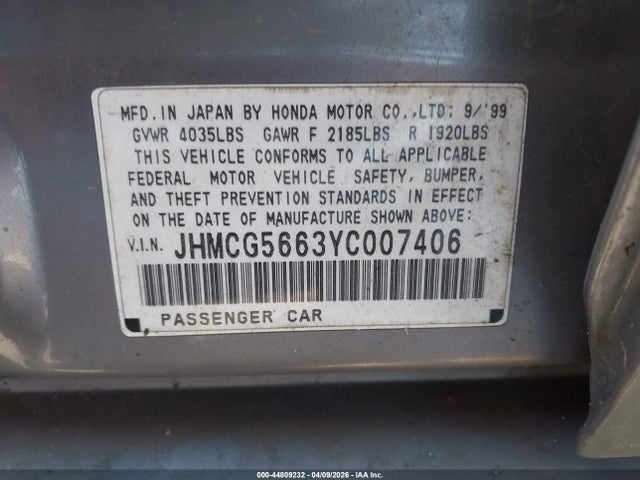 Aukcja sprzedaży 2000 Honda Accord 2.3 Ex, vin: JHMCG5663YC007406, numer aukcji: 44809232