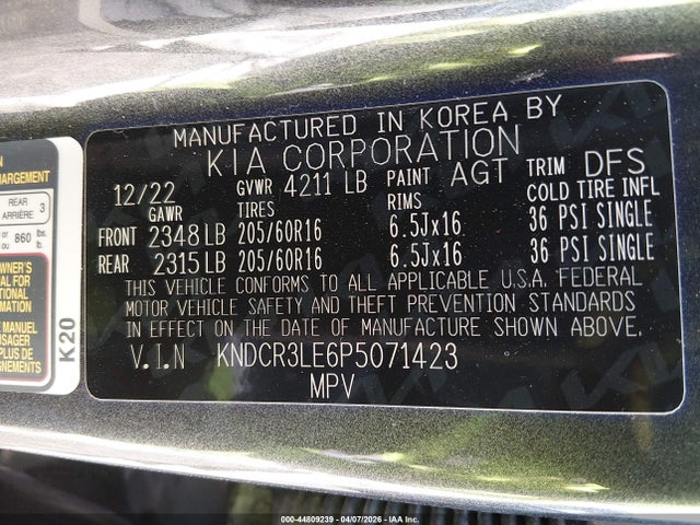 2023 Kia Niro Ex მანქანა იყიდება აუქციონზე, vin: KNDCR3LE6P5071423, აუქციონის ნომერი: 44809239