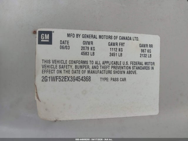 2003 Chevrolet Impala მანქანა იყიდება აუქციონზე, vin: 2G1WF52EX39454368, აუქციონის ნომერი: 44809255