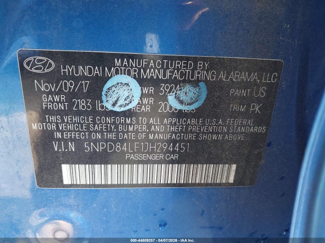 5NPD84LF1JH294451 Hyundai ELANTRA SEL