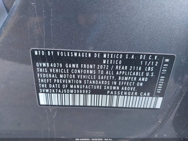 Aukcja sprzedaży 2013 Volkswagen Jetta 2.0l S, vin: 3VW2K7AJ5DM399992, numer aukcji: 44809293
