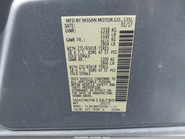 Aukcja sprzedaży 2017 Nissan Murano Sl, vin: 5N1AZ2MG7HN136780, numer aukcji: 44809305