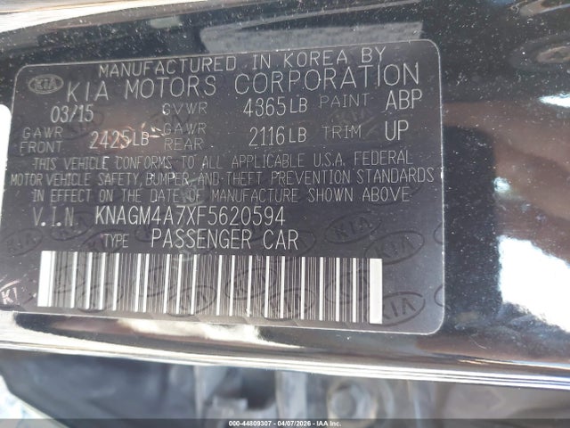 44809307 :رقم المزاد ، KNAGM4A7XF5620594 vin ، 2015 Kia Optima Lx مزاد بيع