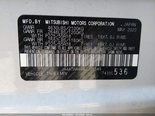 Aukcja sprzedaży 2023 Mitsubishi Eclipse Cross Se S-awc/sel S-awc, vin: JA4ATWAA4PZ001349, numer aukcji: 44809321