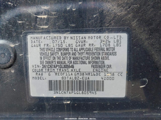 44809328 :رقم المزاد ، 3N1CN7AP1GL805945 vin ، 2016 Nissan Versa 1.6 S/1.6 S+/1.6 Sl/1.6 Sv مزاد بيع