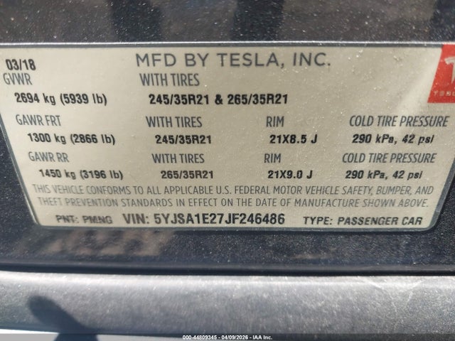 Aukcja sprzedaży 2018 Tesla Model S 100d/75d/p100d, vin: 5YJSA1E27JF246486, numer aukcji: 44809345