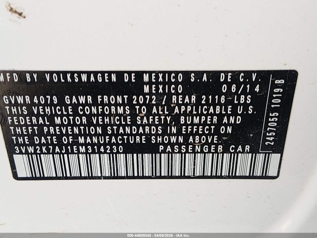 Aukcja sprzedaży 2014 Volkswagen Jetta 2.0l S, vin: 3VW2K7AJ1EM314230, numer aukcji: 44809348