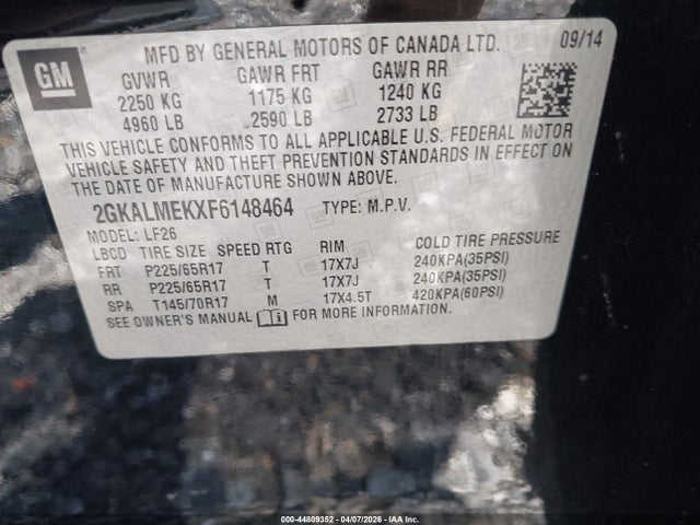 2015 Gmc Terrain Sle-1 მანქანა იყიდება აუქციონზე, vin: 2GKALMEKXF6148464, აუქციონის ნომერი: 44809352