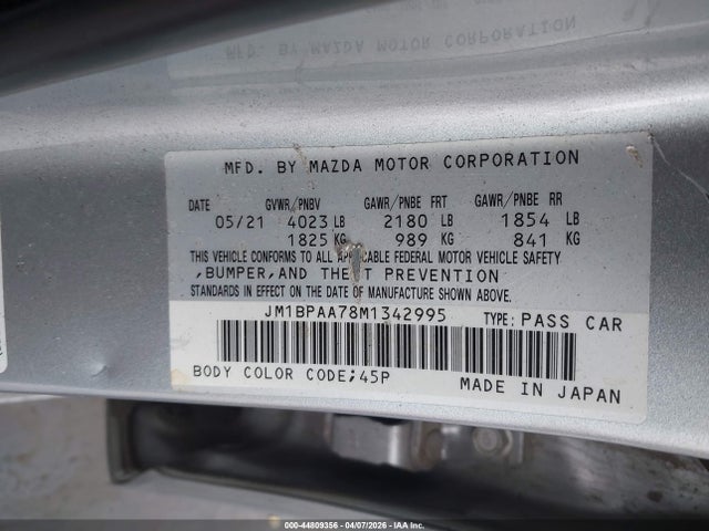 44809356 :رقم المزاد ، JM1BPAA78M1342995 vin ، 2021 Mazda Mazda3 2.0 مزاد بيع