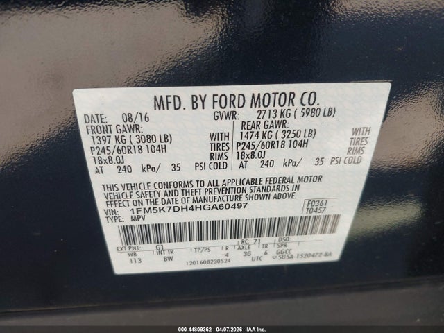 1FM5K7DH4HGA60497 Ford EXPLORER XLT