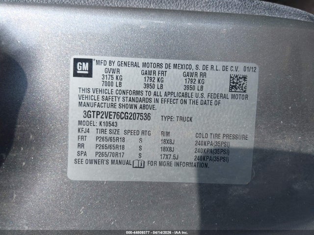 Продаж на аукціоні авто 2012 Gmc Sierra 1500 Sle, vin: 3GTP2VE76CG207536, номер лоту: 44809377