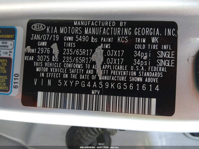 44809394 :رقم المزاد ، 5XYPG4A59KG561614 vin ، 2019 Kia Sorento 3.3l Lx مزاد بيع